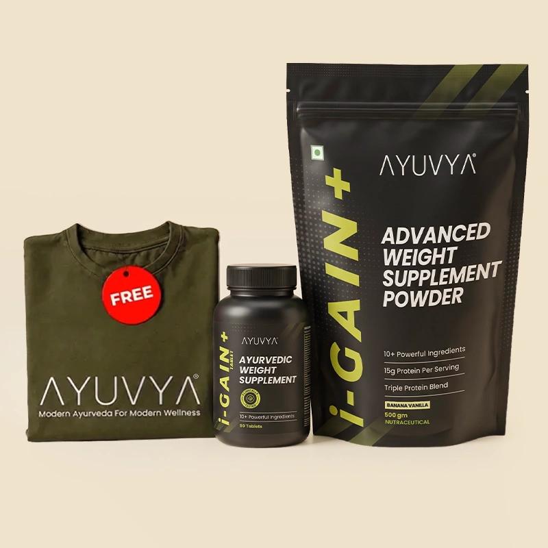 Ayuvya i-Gain+ Tablets and Weight Gain Powder 500gm Combo + Free T-Shirt